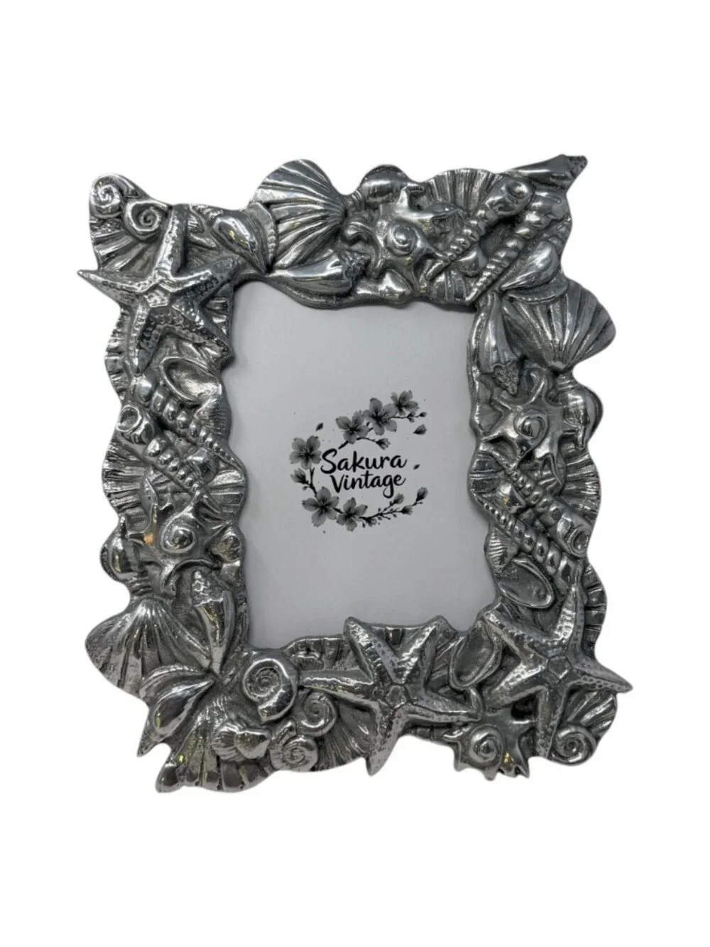 Vintage Cast Pewter Seashell Photo‎ Frame 5x7 Coastal Nautical Decor Heavy Metal